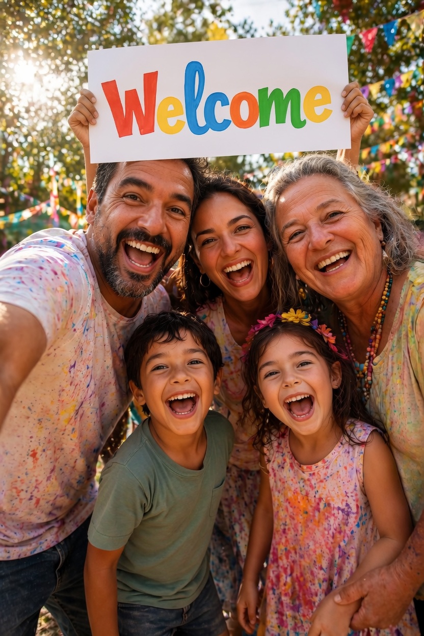 A happy multi-generational family holding a hand-painted Welcome sign